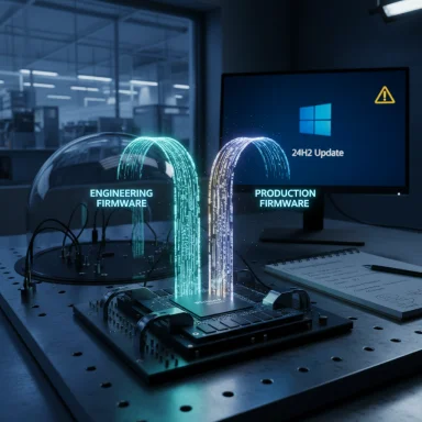Holographic streams labeled Engineering Firmware and Production Firmware rise from a test board.