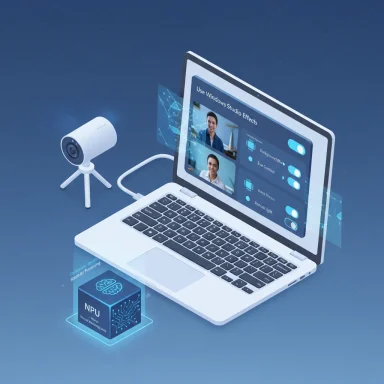 Futuristic laptop with a camera, AI cube and holographic UI for virtual meetings.