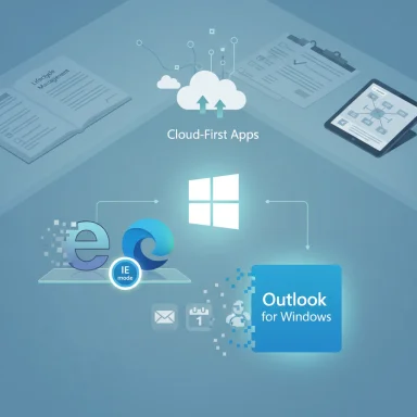 Cloud-first apps concept showing Windows integration with Outlook for Windows and browser icons.