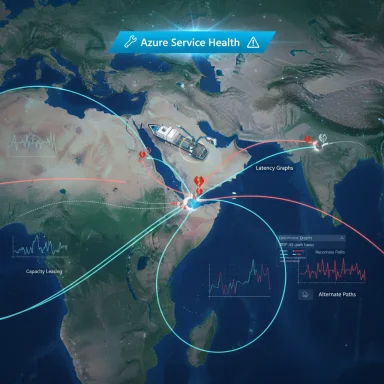 Azure Service Health dashboard over a globe showing latency graphs and alternate network paths.
