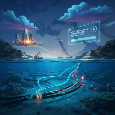 Underwater cables link a neon city above the surface, while a holographic alert warns of service degradation.