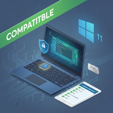 Laptop shows Windows 11 compatibility with a security shield and upgrade checklist.