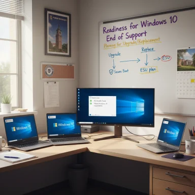 Office desk with multiple Windows laptops and a monitor, beside a whiteboard about Windows 10 end of support.
