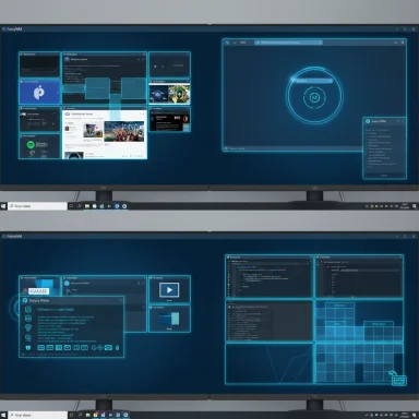 Two monitors show a neon-blue, sci-fi window manager with modular, tiled panels.