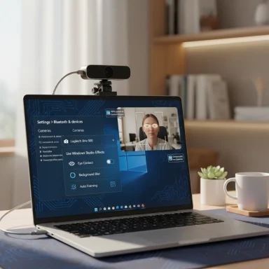 Laptop with an external webcam on top, streaming a video call and on-screen settings.