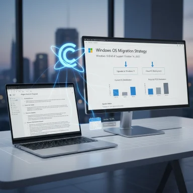 A modern desk setup with laptop and monitor showing Windows migration plans, glowing holographic icons, and a city skyline.