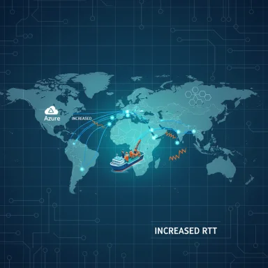 Global map showing increased RTT with Azure cloud and cross-continental data routes.