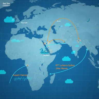 Map of the Red Sea Corridor showing RTT latency spikes and jitter waves between Europe, Asia, and Africa.