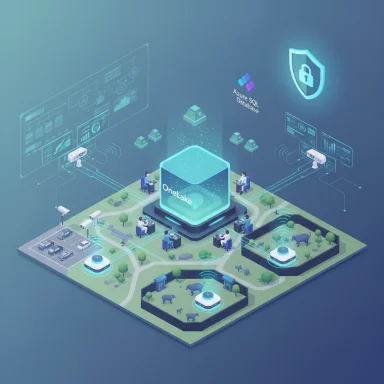 Futuristic isometric data hub centered on OneLake, linking Azure SQL and smart-city sensors.