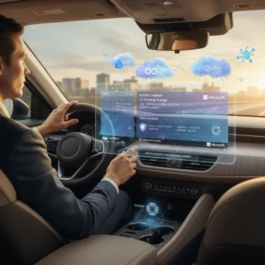A driver interacts with a holographic, cloud-connected car dashboard.