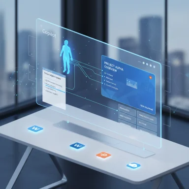 Copilot holographic dashboard projecting a 3D humanoid and project overview above a desk.