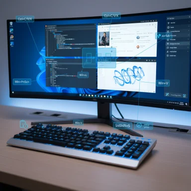 A desktop setup with a curved monitor and backlit keyboard, annotated with Windows shortcut labels.