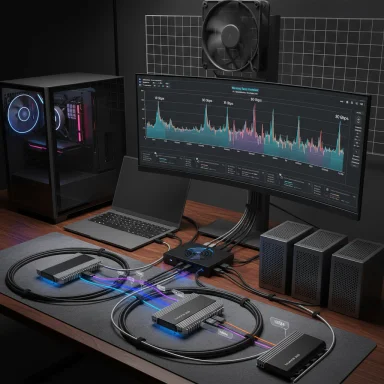 Tech workstation with a large monitor displaying data graphs, a laptop, and extensive cabling.