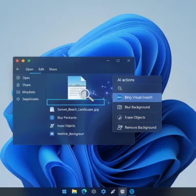 Windows desktop with an AI actions panel floating over a blue abstract wallpaper.