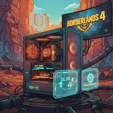 A futuristic gaming PC in a rocky canyon displays DLSS 4 holograms beside a Borderlands 4 monitor.