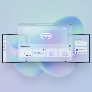 A futuristic AI dashboard with floating translucent panels against a pastel gradient background.