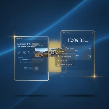 A futuristic blue desktop UI with overlapping translucent windows and an AI actions menu.