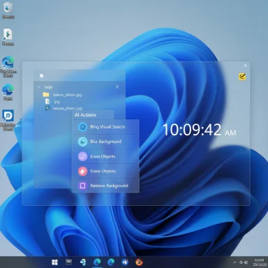 Windows desktop with an AI Actions panel over a blue abstract wallpaper.