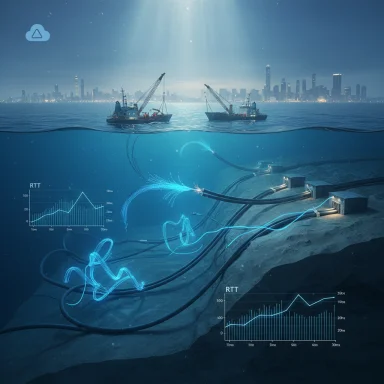 Subsea fiber optic cables on the ocean floor, with ships above and a city skyline in the distance.
