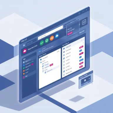 A 3D isometric monitor displays a modern file manager UI with folders, tags, and panels.