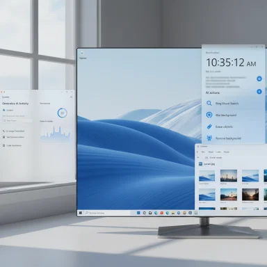 A modern desk setup with a large ultrawide monitor displaying a blue wave wallpaper and AI/notification panels.