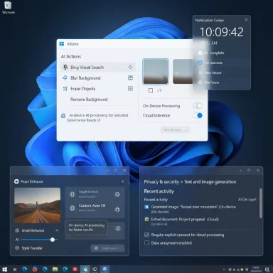 Floating AI tool panels over a Windows desktop, displaying actions like Bing Visual Search and Erase Objects.
