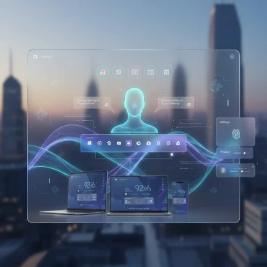 Futuristic holographic UI over a cityscape displays a digital avatar and multiple devices.