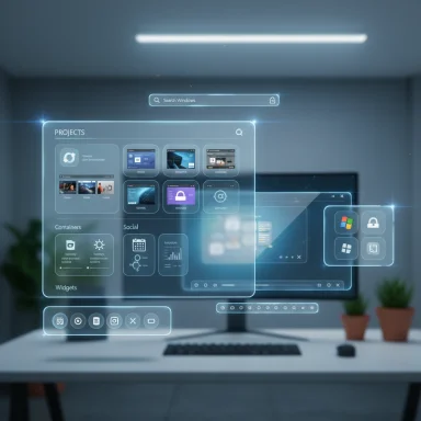 A futuristic holographic Windows-like UI hovers over a desk in a modern office.