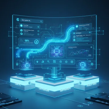A futuristic holographic computer dashboard with labeled Germanium cores and glowing blue circuitry.
