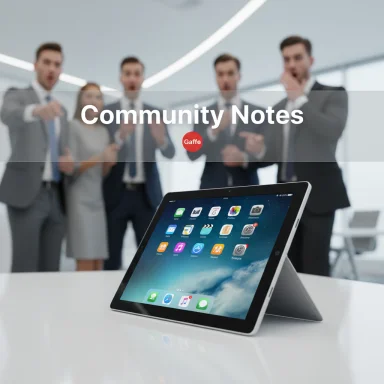 A business team gathers around a tablet, presenting 'Community Notes'.