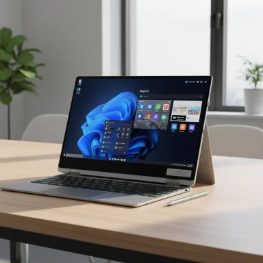 A sleek convertible laptop on a wooden desk with a stylus, running MegaOS.
