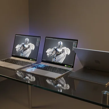 Two laptops on a glass desk display a metallic robot with a flowing cape.