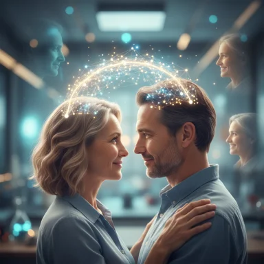 A couple faces each other, with a glowing network arc above their heads.