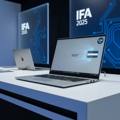 Acer laptop on a white booth table at IFA 2025 tech expo.