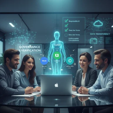 Team collaborates on AI governance and data transparency with a holographic copilot.