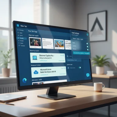 A modern desktop monitor on a wooden desk displays a blue New Tab UI.