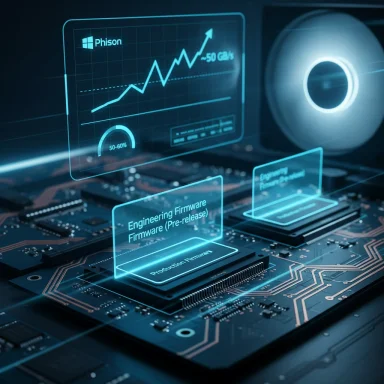 Blue holographic dashboard displaying firmware data hovering over a circuit board.