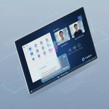 An angled tablet displays an AI-powered Copilot+ interface with avatars and widgets.