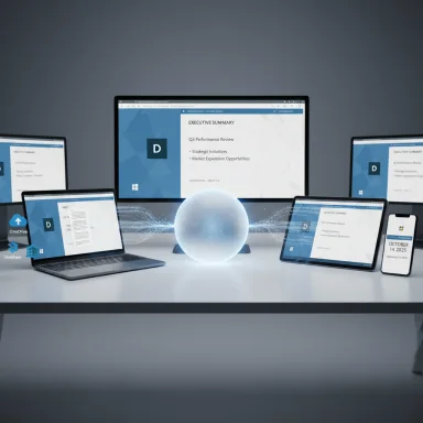 A glowing blue orb sits on a desk among several screens displaying a blue presentation.