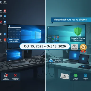 Split-screen: left shows end-of-support Windows; right shows phased upgrade with security patches.
