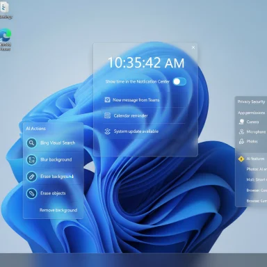 Floating translucent AI action panels over a blue abstract Windows desktop wallpaper.