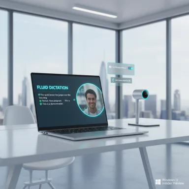Futuristic office desk with a laptop displaying Fluid Dictation and a webcam on a stand.