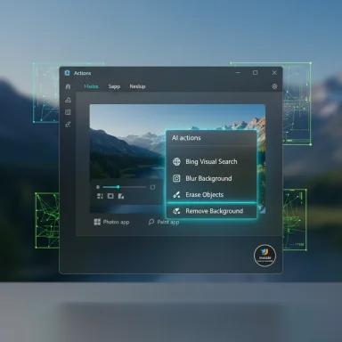 Software UI displaying AI actions with options to remove or blur background over a scenic wallpaper.