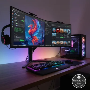 Dual-monitor Linux gaming setup with RGB lighting, mechanical keyboard, mouse, and headset.
