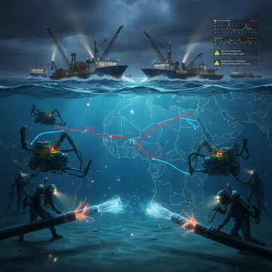 Underwater ROVs inspect a deep-sea oil pipeline as surface ships monitor a stormy sea.