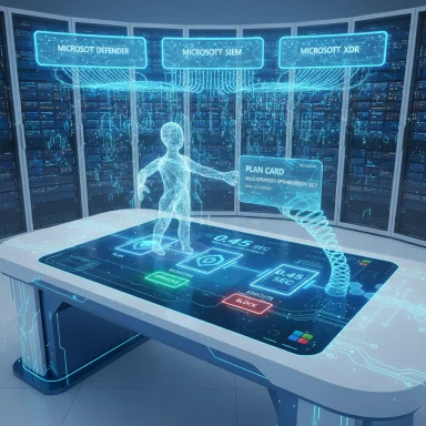 Futuristic cybersecurity command center featuring holographic UI and a translucent human figure.