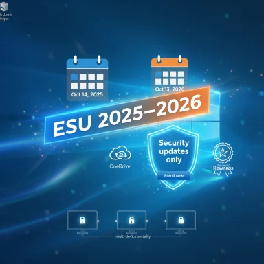 Blue Windows wallpaper promoting ESU 2025-2026 security updates with calendar icons and a shield.