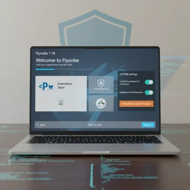 Laptop screen shows Flyobe setup with AI features and an Extensions Store.