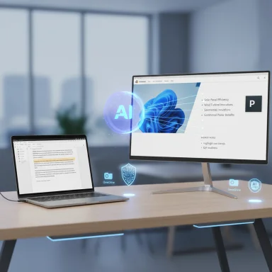 A modern desk setup with a laptop and a large monitor displaying AI graphics and floating holograms.