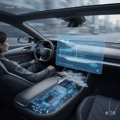 Futuristic autonomous car cockpit with holographic displays and glowing blue circuitry.